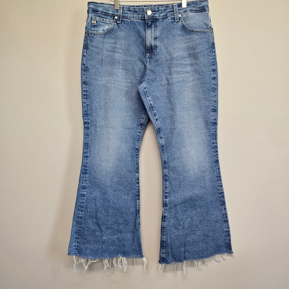 AG Angeline‎ Mid-Rise Flare Jeans Womens 33 Blue Contour 360 Raw Hem Boho Y2K